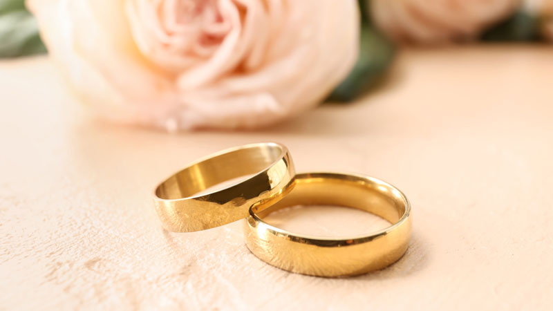 Two gold wedding rings on a rose background