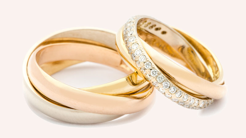 Rose, white, and yellow gold trinity ring set