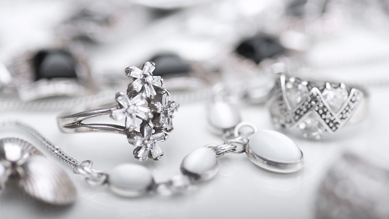 Silver jewelry items include everything from rings to necklaces to earrings