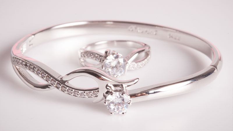 Matching silver diamond bracelet and ring set