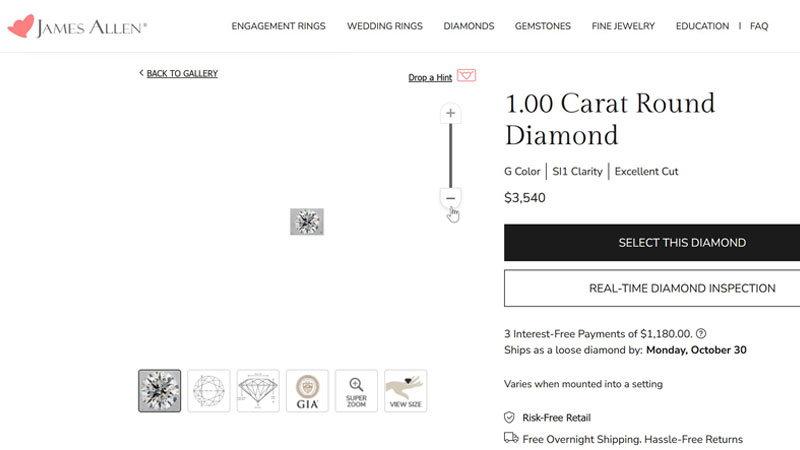 A screenshot of the image zoom feature at JamesAllen.com.