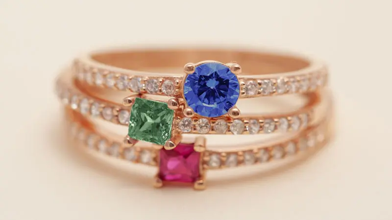 Three engagement rings set with precious stones.
