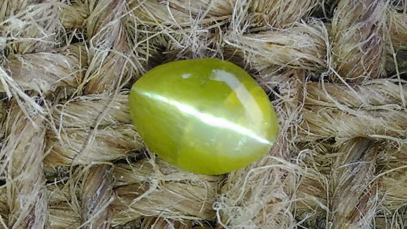 A cat's eye chrysoberyl in a cabochon cut shape.