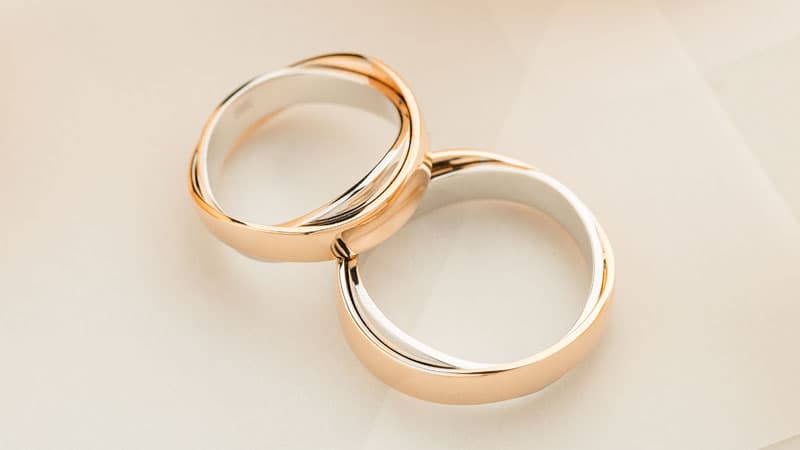 Two wedding bands made from white and rose gold.